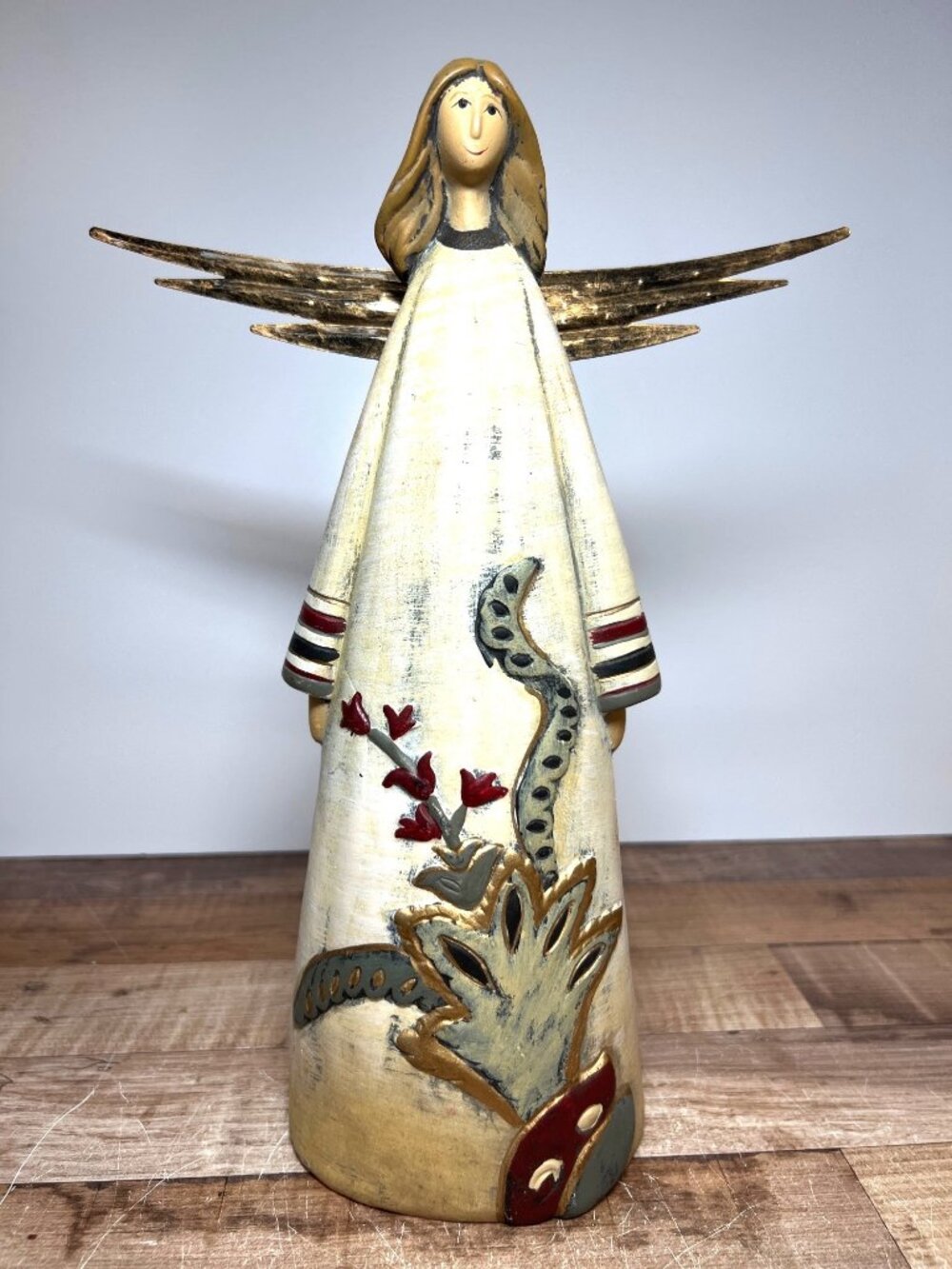 Hand-Painted Wooden Angel Figurine With Gold Wings  Floral Snake Design 10" Tall